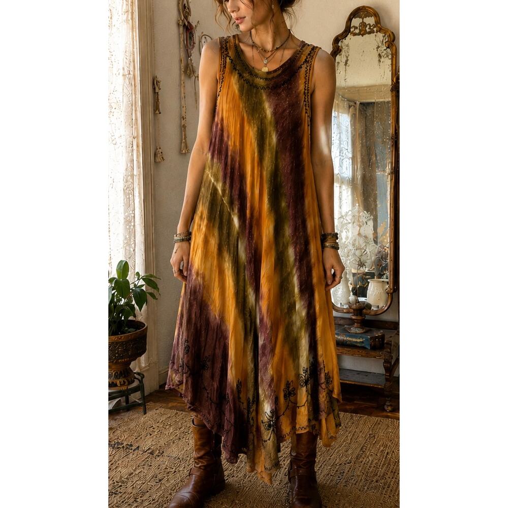 Vintage India Boutique Tie Dye Embroidered Maxi Dress asymmetric Boho Hippie XL
